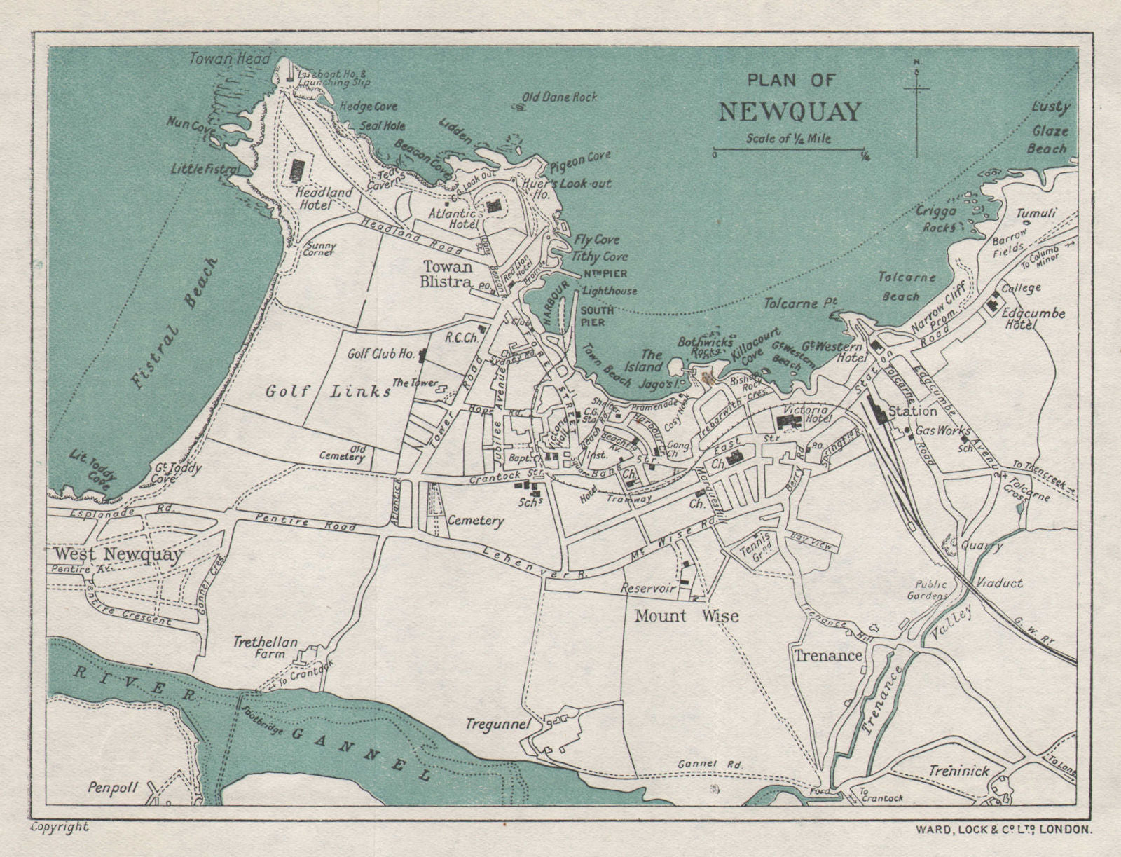 NEWQUAY vintage tourist town city resort plan. Cornwall. WARD LOCK 1923 map